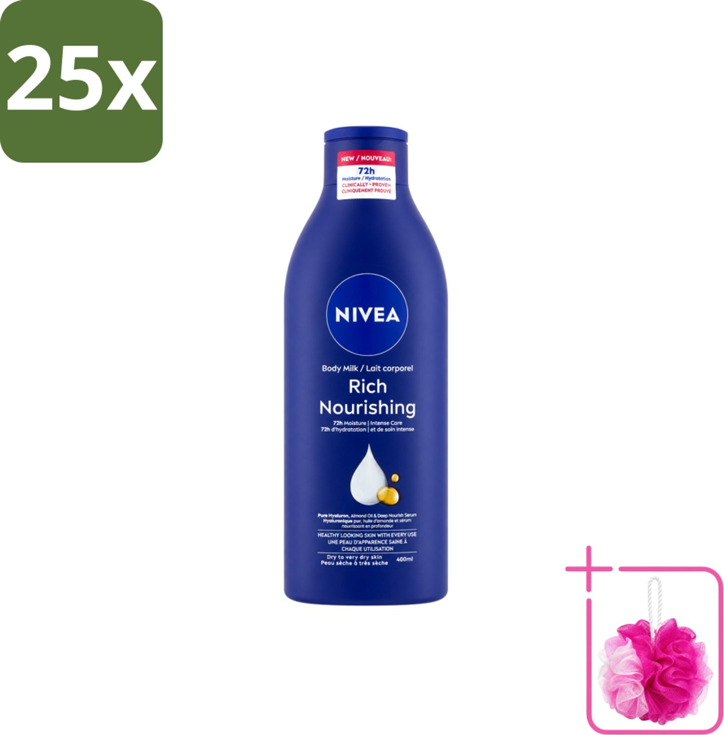 25 x Nivea – Bodylotion – Voor Droge Huid – 400 ml - Bulkverpakking - Lichaamsoil - Douchemop - Lichaamsoil voor droge huid