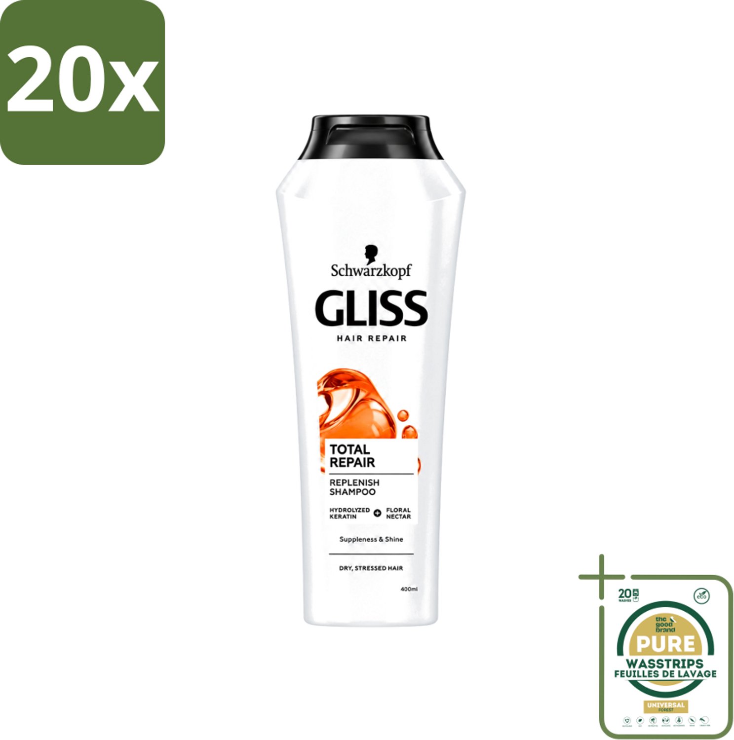 20 x Gliss-Kur - Shampoo - Total Repair - Herstelt & Versterkt - Gehydroliseerd - 400 ml - Wasstrips - Herstel Haar - Versterk Haar - Beschadigd Haar - Gespleten Haarpunten - Gezonde Glans