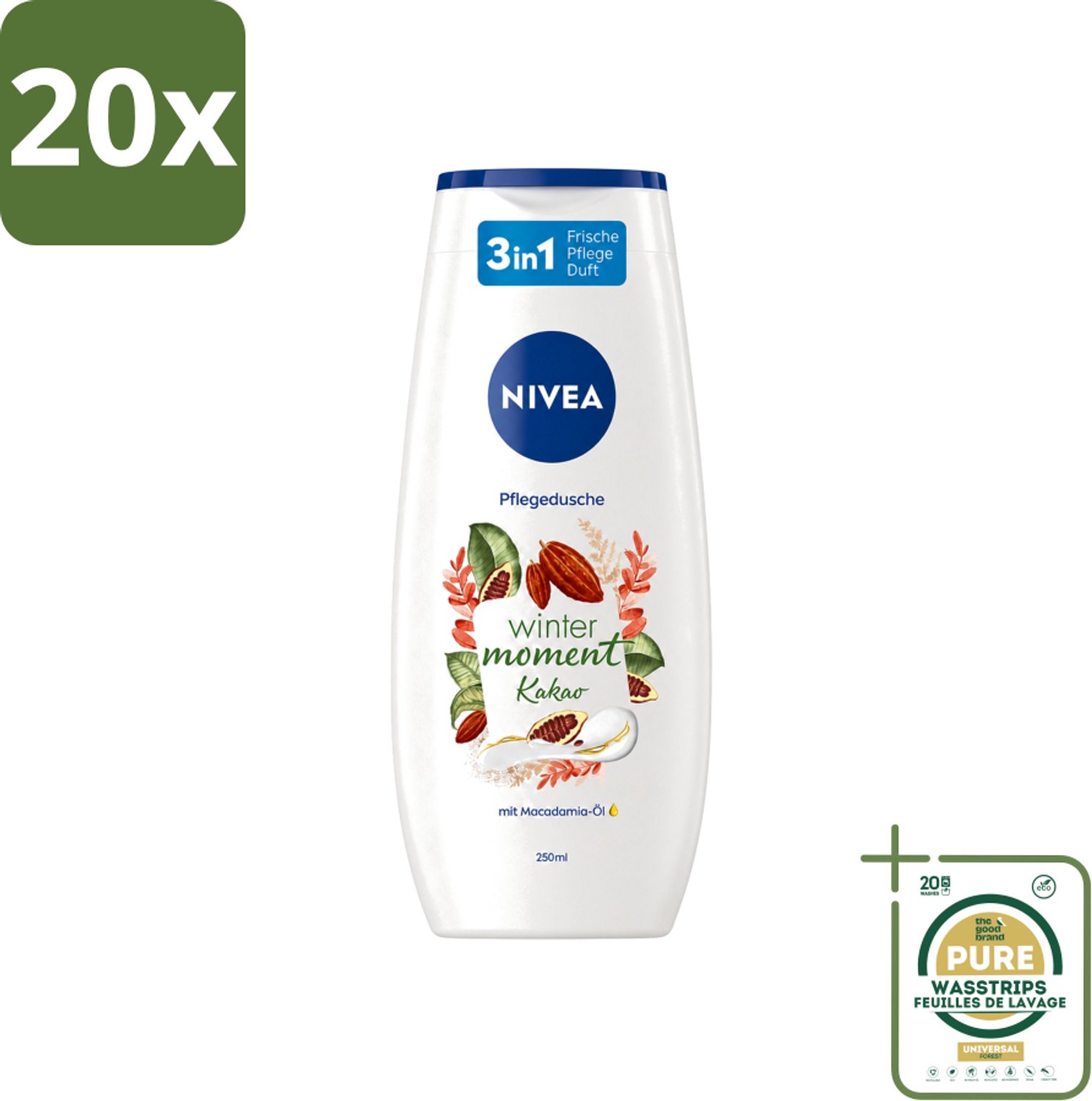 20 x Nivea - Douchegel - Winter Moment Cacao - 250 ml - Wasstrips - Douchegel - Winter Moment - Cacao - Verzorgende Douchegel - Huid Verzorging