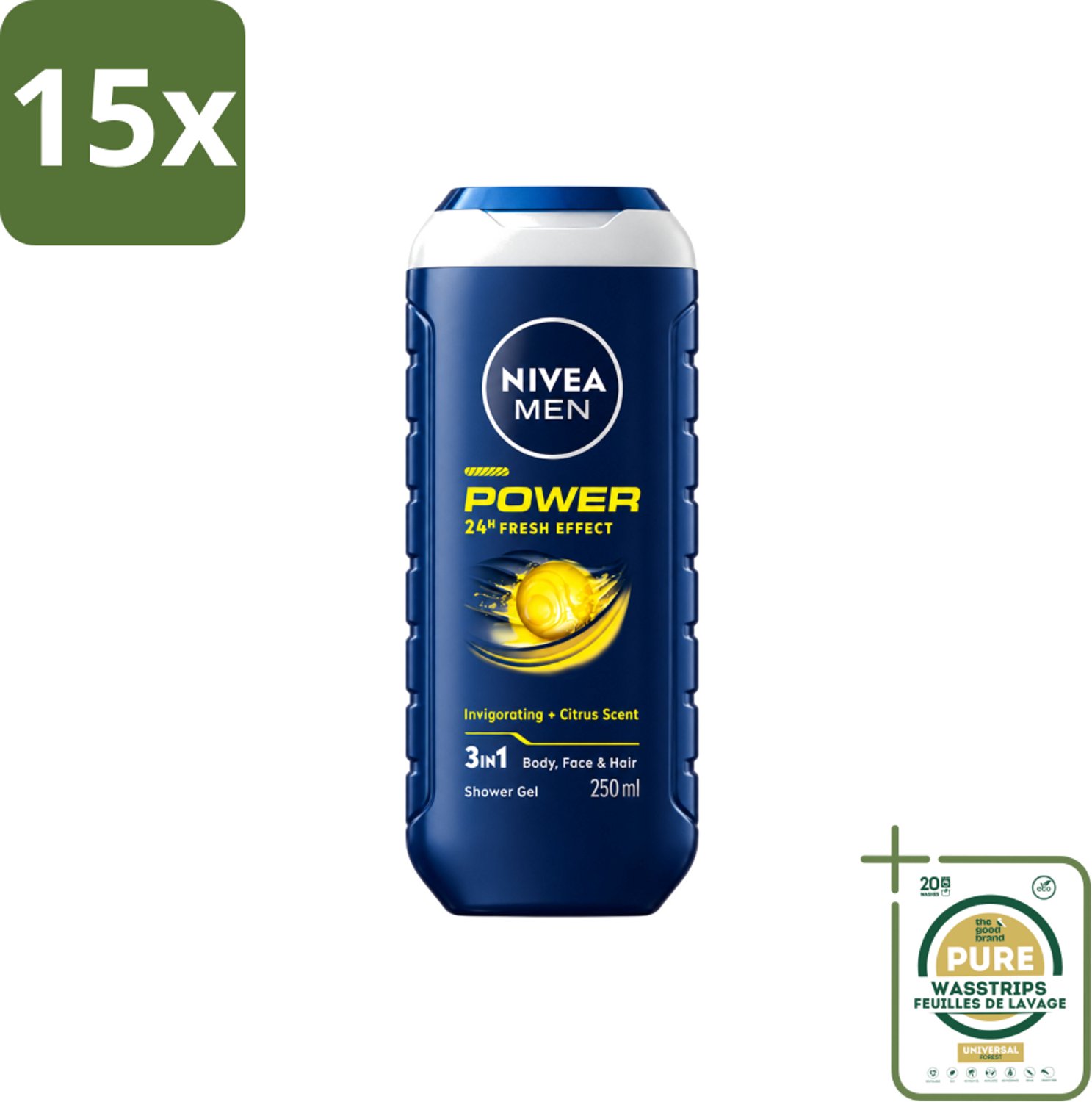 15 x Nivea - Men - Douchegel - Power Refresh - 250 ml - Wasstrips - Douchegel Voor Mannen - 3-in-1 Douchegel - Douchegel Voor Gezicht En Haar - Verfrissende Geur - PH-huidneutraal