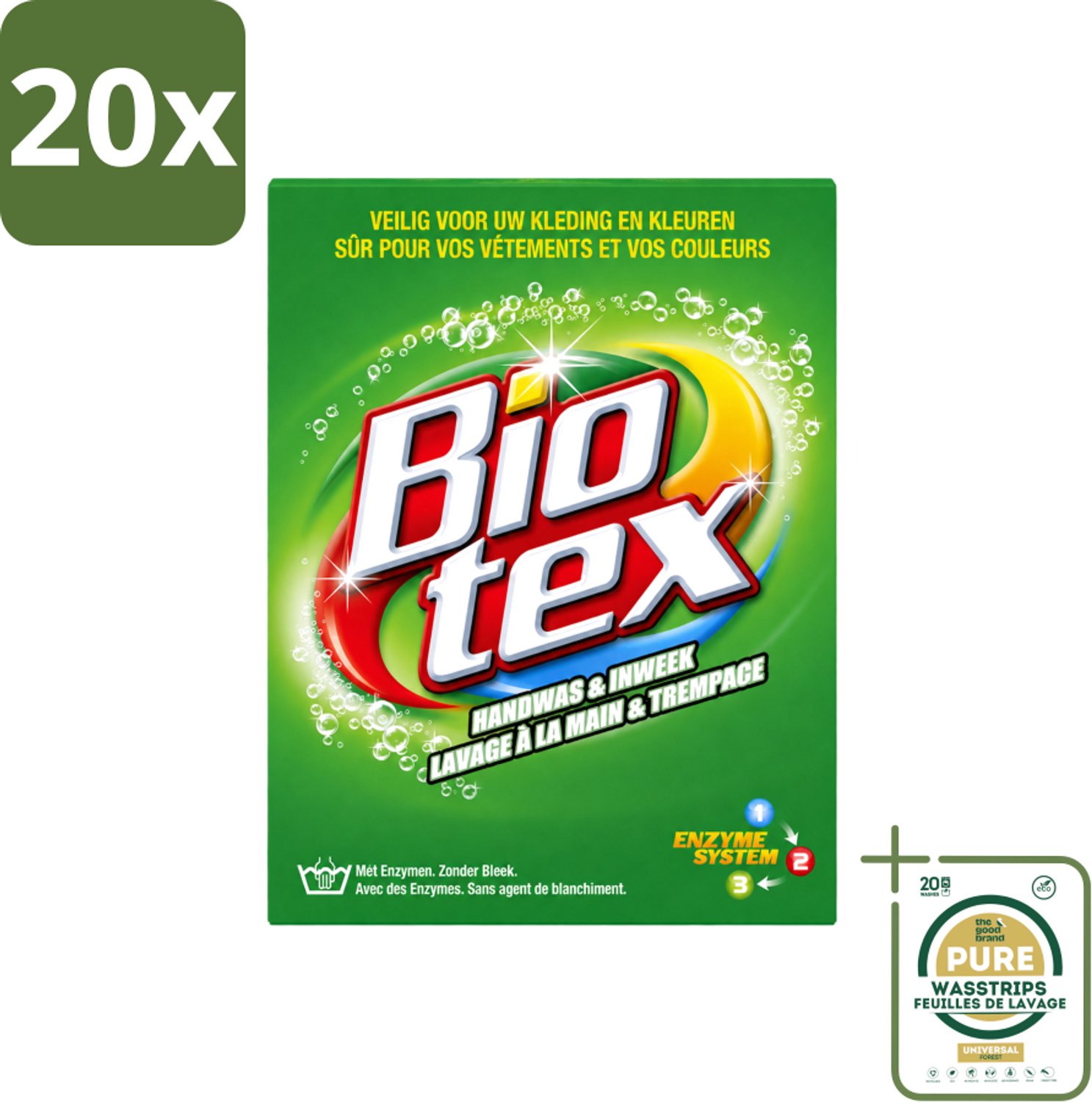 20 x Biotex - Waspoeder - Handwas & Inweek - Actieve Biologische Enzymen - 720 g - Wasstrips - Handwas - Inweek Waspoeder - Biologische Enzymen - Natuurlijke Wasmiddelen - Veilig Voor Stof