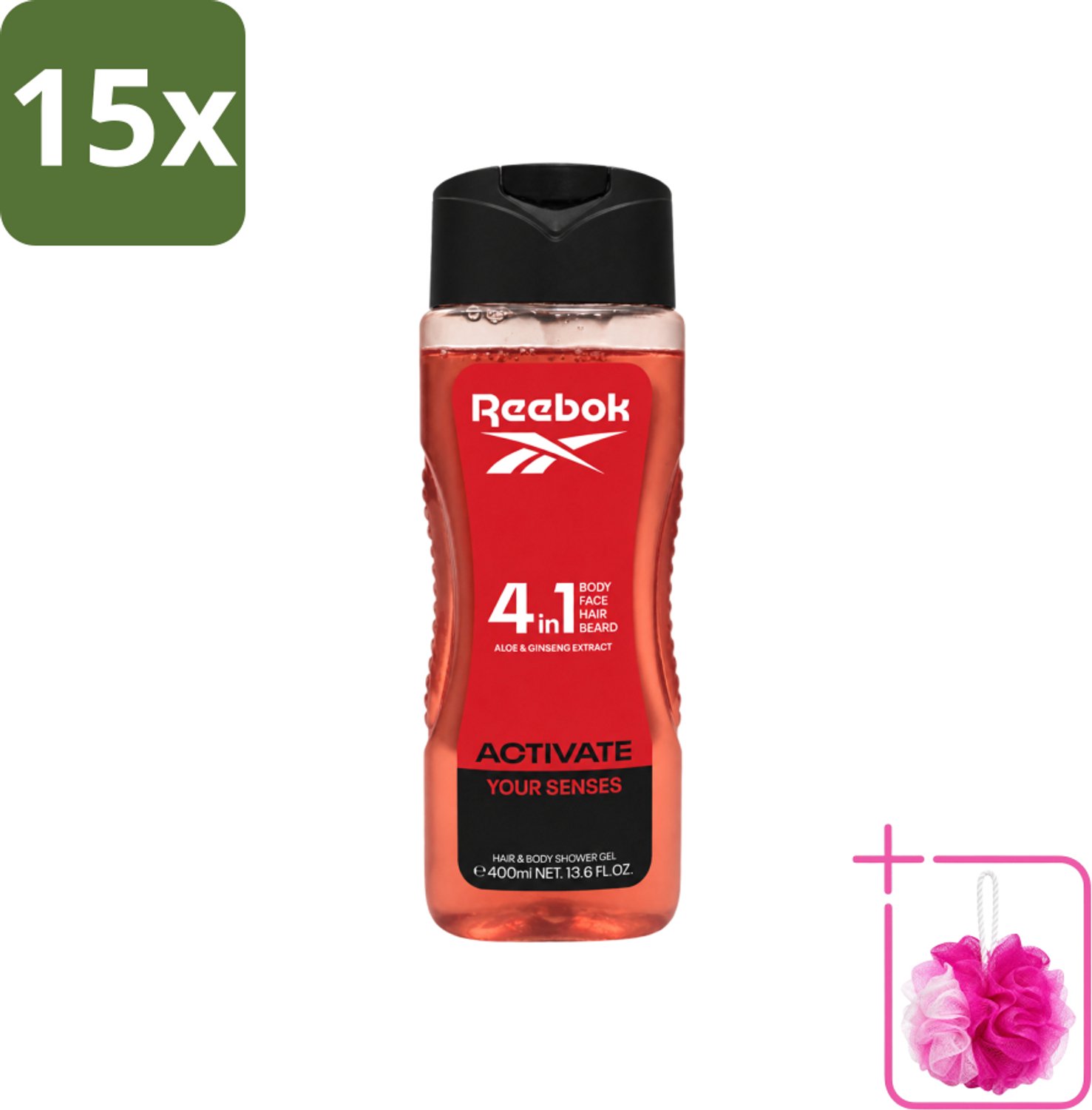 15 x Reebok - Activate Your Senses - Douchegel - 4 in 1 - 400 ml - Bulkverpakking - Douchegel - Douchemop - 4 in 1