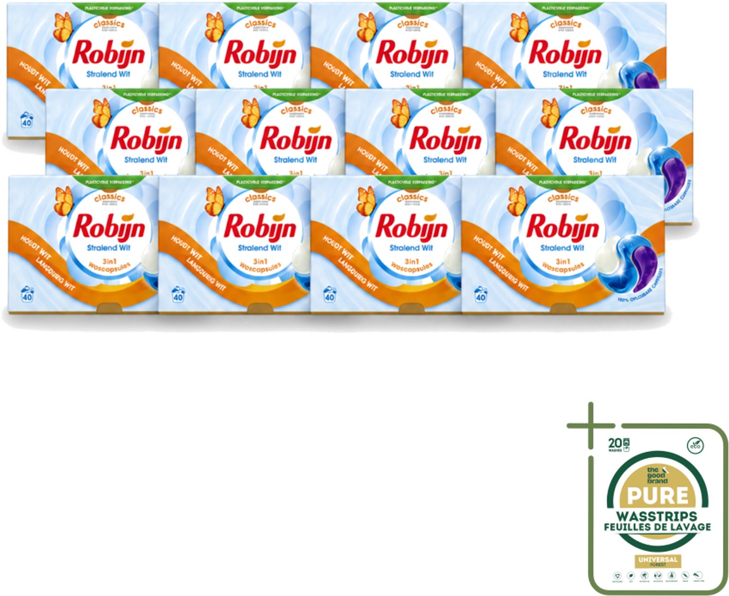 12 x Robijn - Stralend Wit - 3-in-1 Wascapsules - Houdt Langdurig Wit - 40 Wascapsules - Wasstrips - Wit Was - Wascapsules - Was Reiniging - Was Verzorging - Was Geur