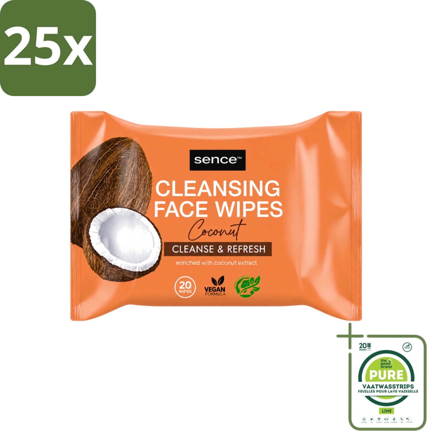 25 x Sence - Coconut - Gezichtsreinigingsdoekjes - Verzorgend - 20 Doekjes - Grootverpakking - Vaatwasstrips - Gezichtsreinigingsdoekjes - Kokos - Huidverzorging - Make-up Verwijderen - Hydrateren