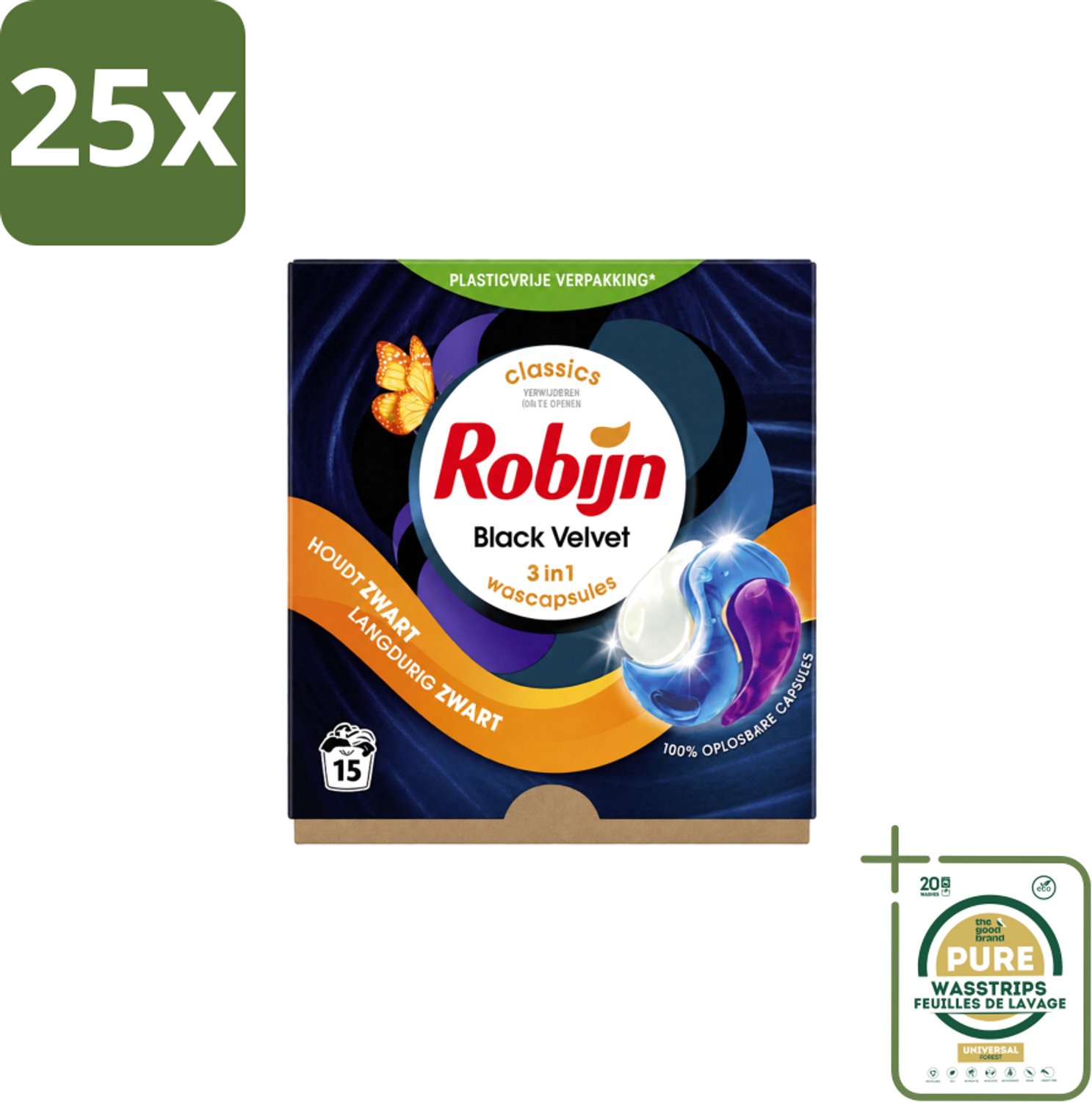 25 x Robijn – 3-in-1 Wascapsules – Black Velvet – 15 capsules - Wasstrips - Zwarte Was - Kleurbehoud - Wascapsules - Black Serum - Zwart Kleding