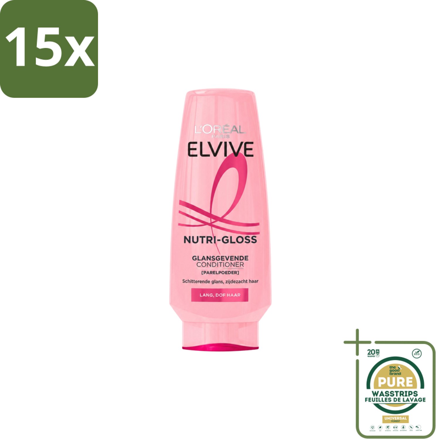 15 x L’Oréal Paris Elvive – Conditioner – Nutri Gloss – 200 ml - Wasstrips - Conditioner Voor Lang Haar - Glans Voor Haar - Ontwarrende Conditioner - Haar Verzorging - Proteïnen Voor Haar