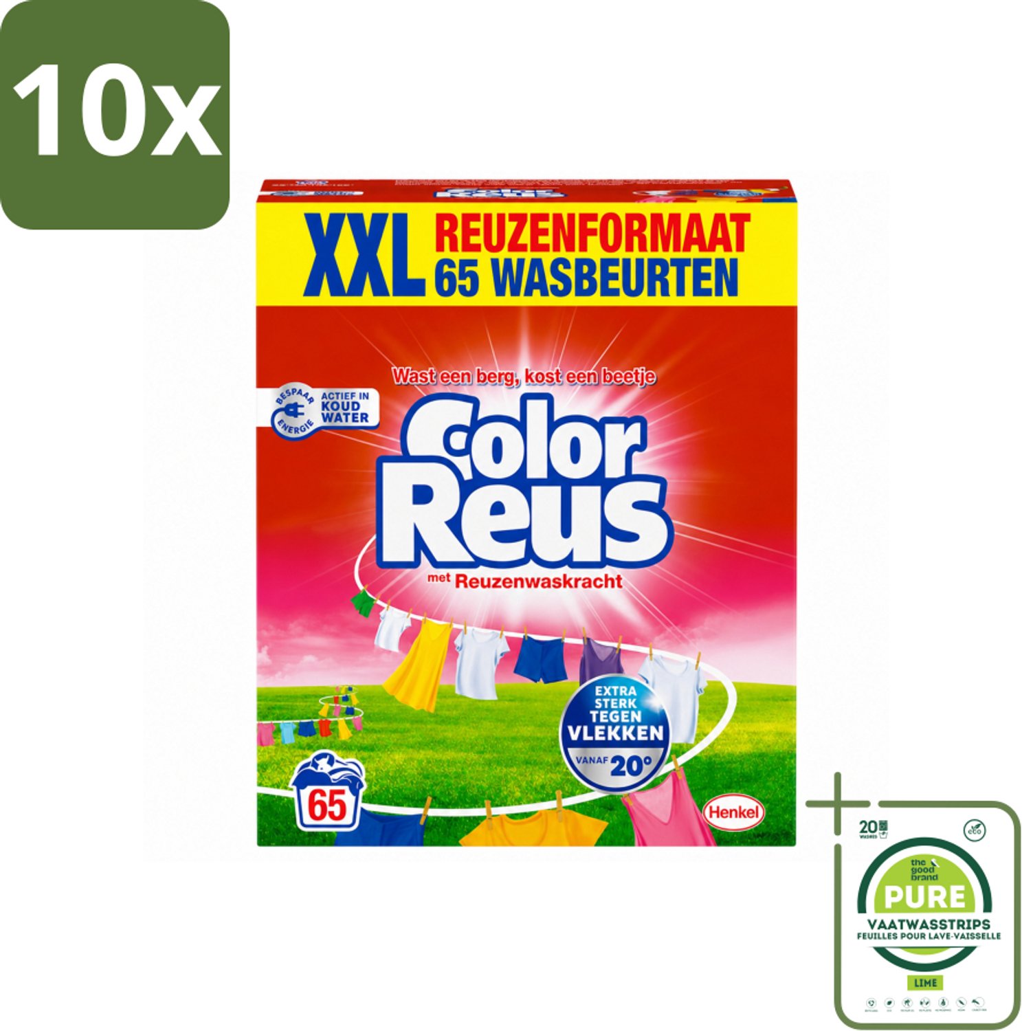10 x Color Reus - Waspoeder - Gekleurde Was - 65 Wasbeurten - Grootverpakking - Vaatwasstrips - Kleurbehoud - Waspoeder - Vlekverwijdering - Frisheid - Energiebesparing