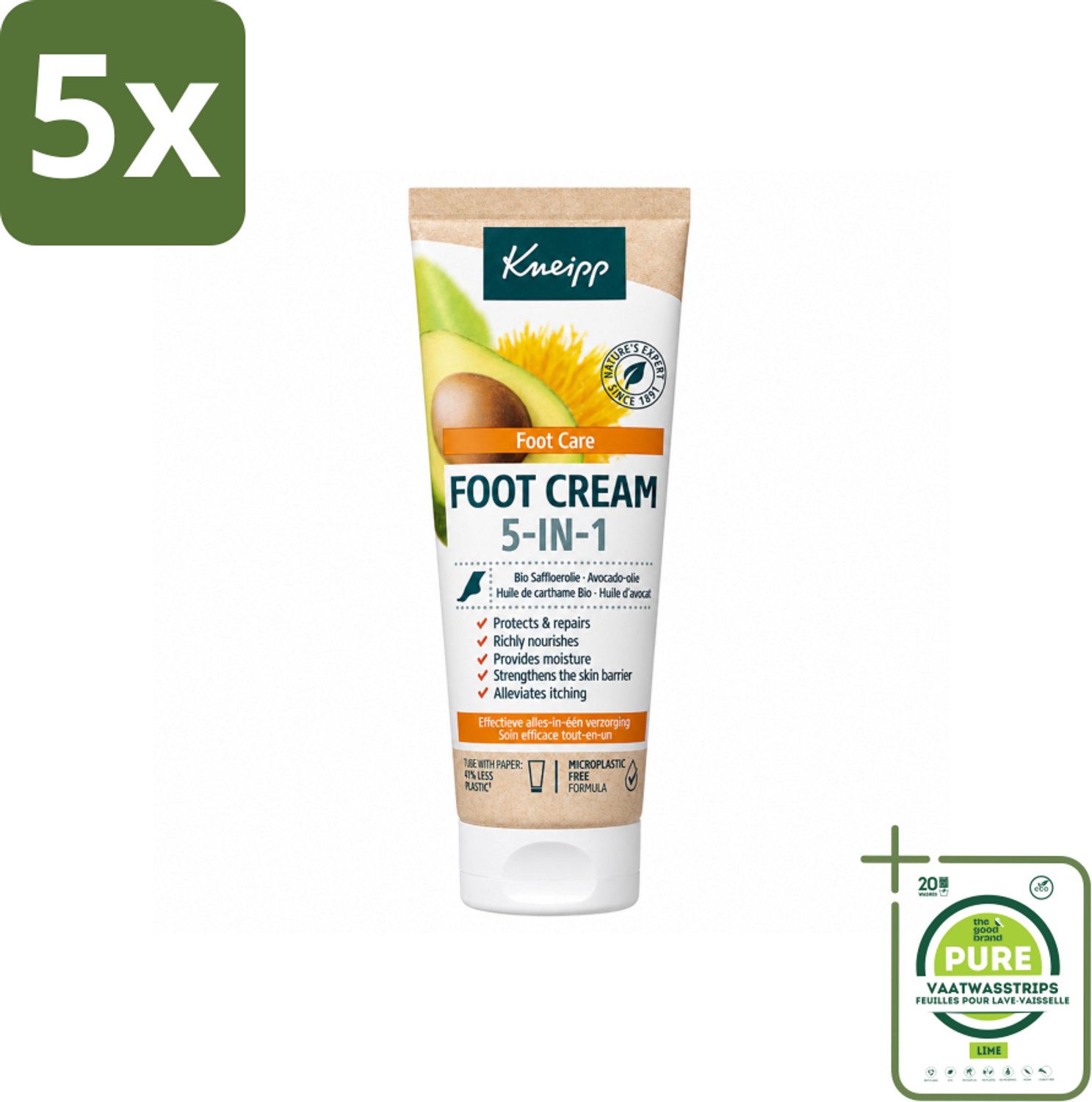 5 x Kneipp - Voetcrème 5‑in‑1 - Verlicht jeuk, hydrateert & herstelt - 75 ml - Grootverpakking - Vaatwasstrips - Voetcrème - Voetverzorging - Voeten Herstellen - Voeten Hydrateren - Voeten Kalmeren