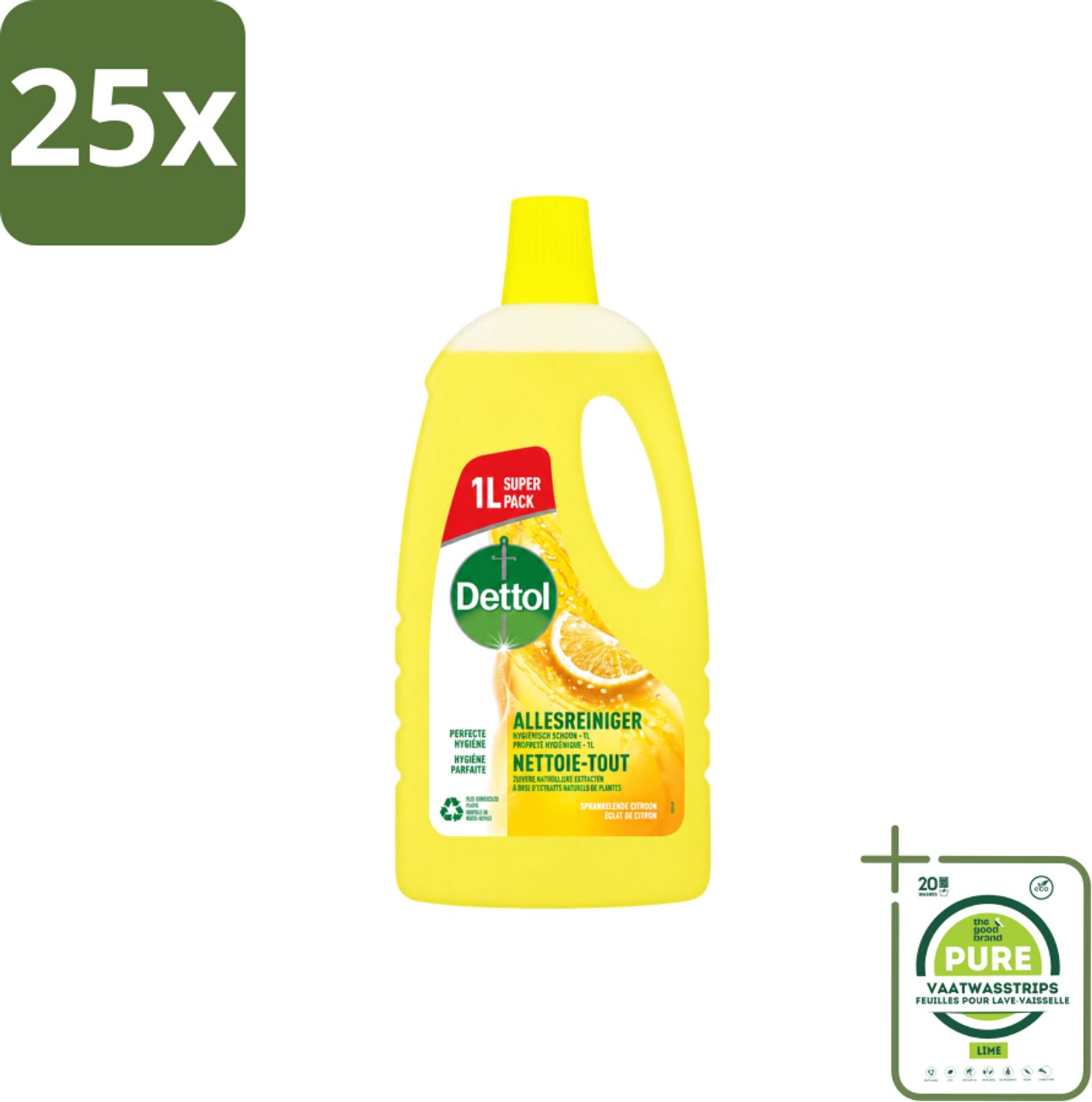 25 x Dettol - Allesreiniger - Citroen - Hygiënisch Schoon - 1 liter - Grootverpakking - Vaatwasstrips - Allesreiniger - Citroengeur - Hygiëne - Schoonmaak - Vet Verwijderen