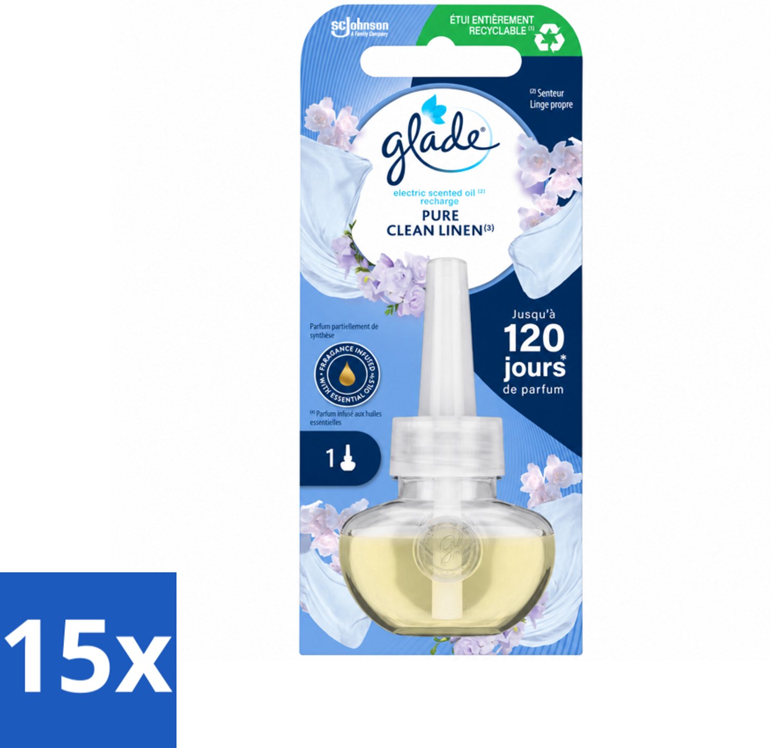 15 x Glade - Navulling Elektrische Olie - Pure Clean Linen - Zonder Houder - Voordeelverpakking - 15 stuks