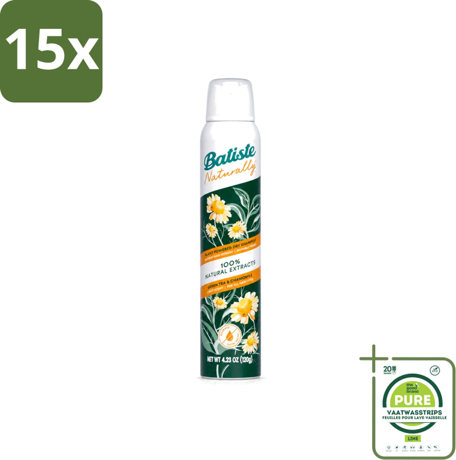 15 x Batiste - Naturally Green Tea & Chamomile - Droogshampoo - 100% Natuurlijke Extracten - Verfrist en Zuivert - 200ml - Grootverpakking - Vaatwasstrips - Natuurlijke Haarverzorging - Droogshampoo - Groene Thee - Kamille - Haartype
