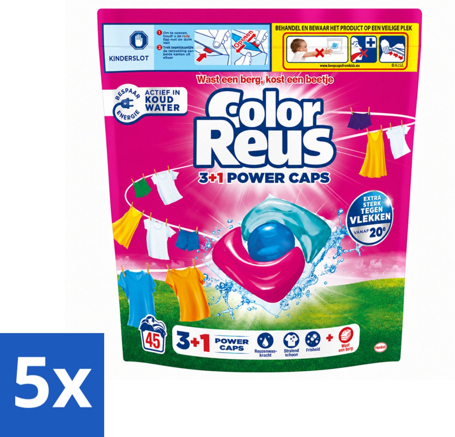 5 x Color Reus - 3+1 Power Caps - Gekleurde Was - 45 Wasbeurten - Voordeelverpakking - 5 stuks