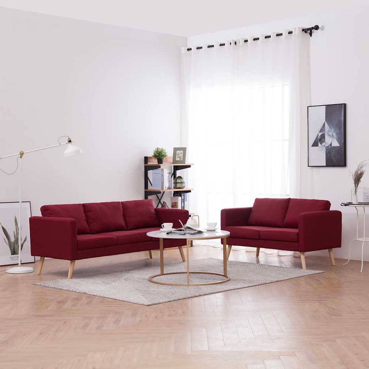 2-delig bankstel stof set sofa in wijnrood met 5 rugkussens en 5 zitkussens voor stijlvolle inrichting