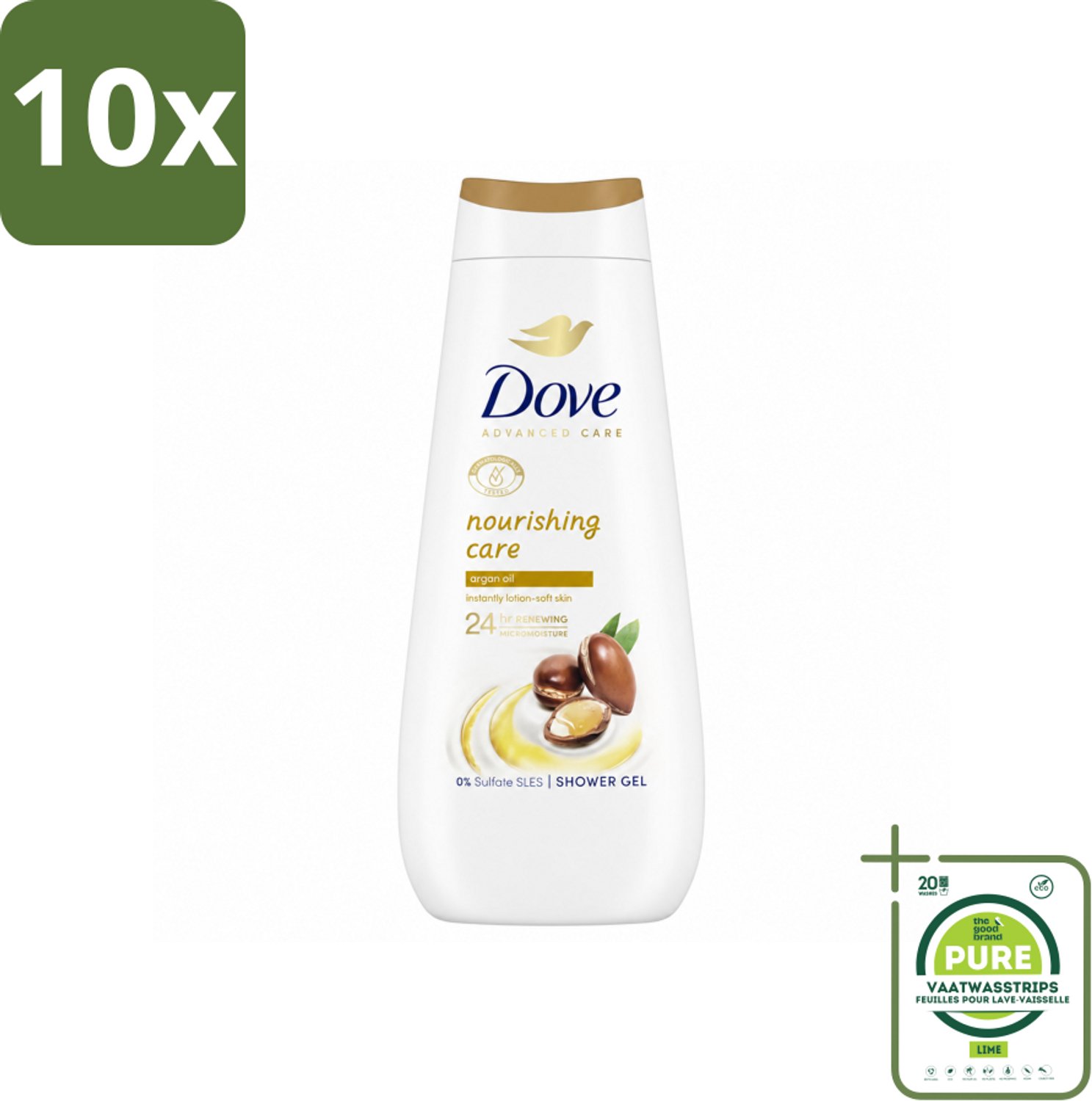 10 x Dove Douchecrème - Nourishing Care - Arganolie - 400 ml - Grootverpakking - Vaatwasstrips - Douchegel - Huid Verzorging - Arganolie - Hydratatie - Droge Huid