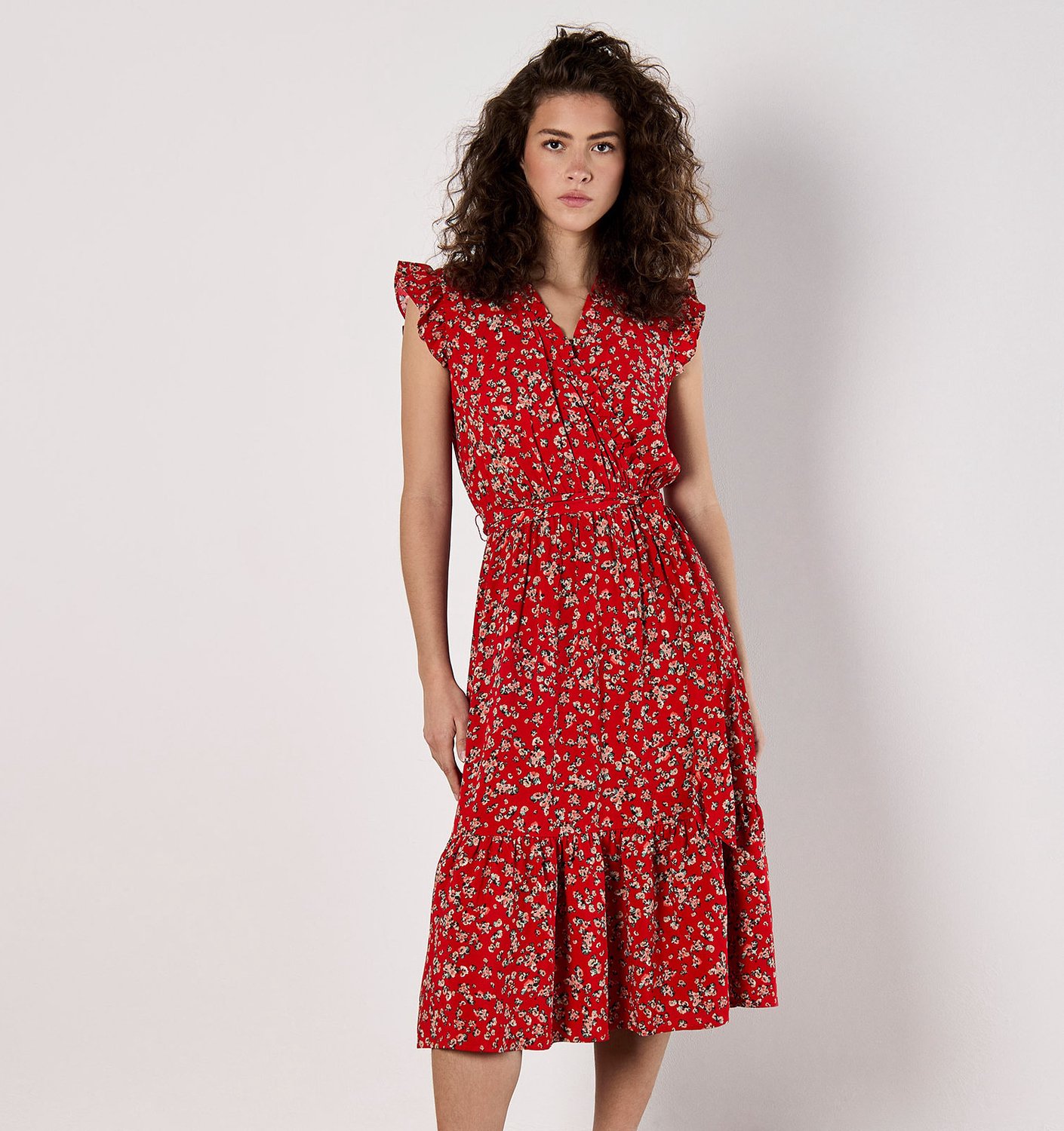 Midi-jurk met bloemenprint en ruches