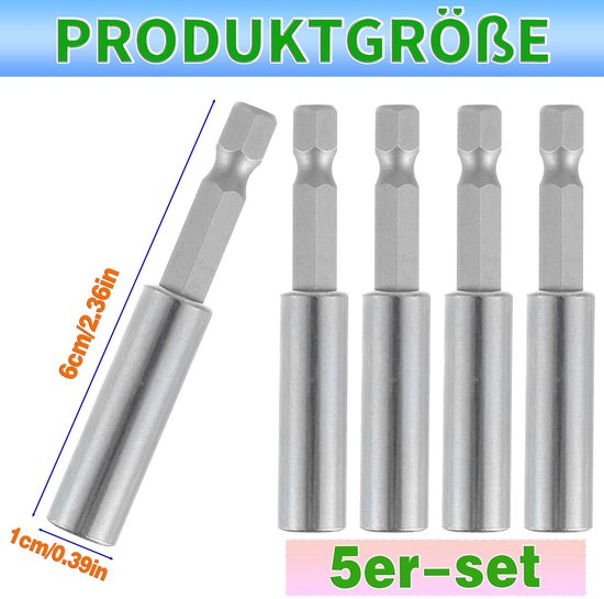5 stuks magnetische boorverlenging, bithouder 60 mm, van roestvrij staal, 1/4 inch voor elektrische slagboormachine — afbeelding 2