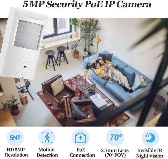 5MP PoE PIR IP-camera, 940nm IR-nachtzicht, Ultra HD 2880x1620, 3.7mm lens 70° Gezichtsveld, Bewegingsdetectie, Beveiligingscamera met externe weergave (IPIR-P-TS) — afbeelding 2