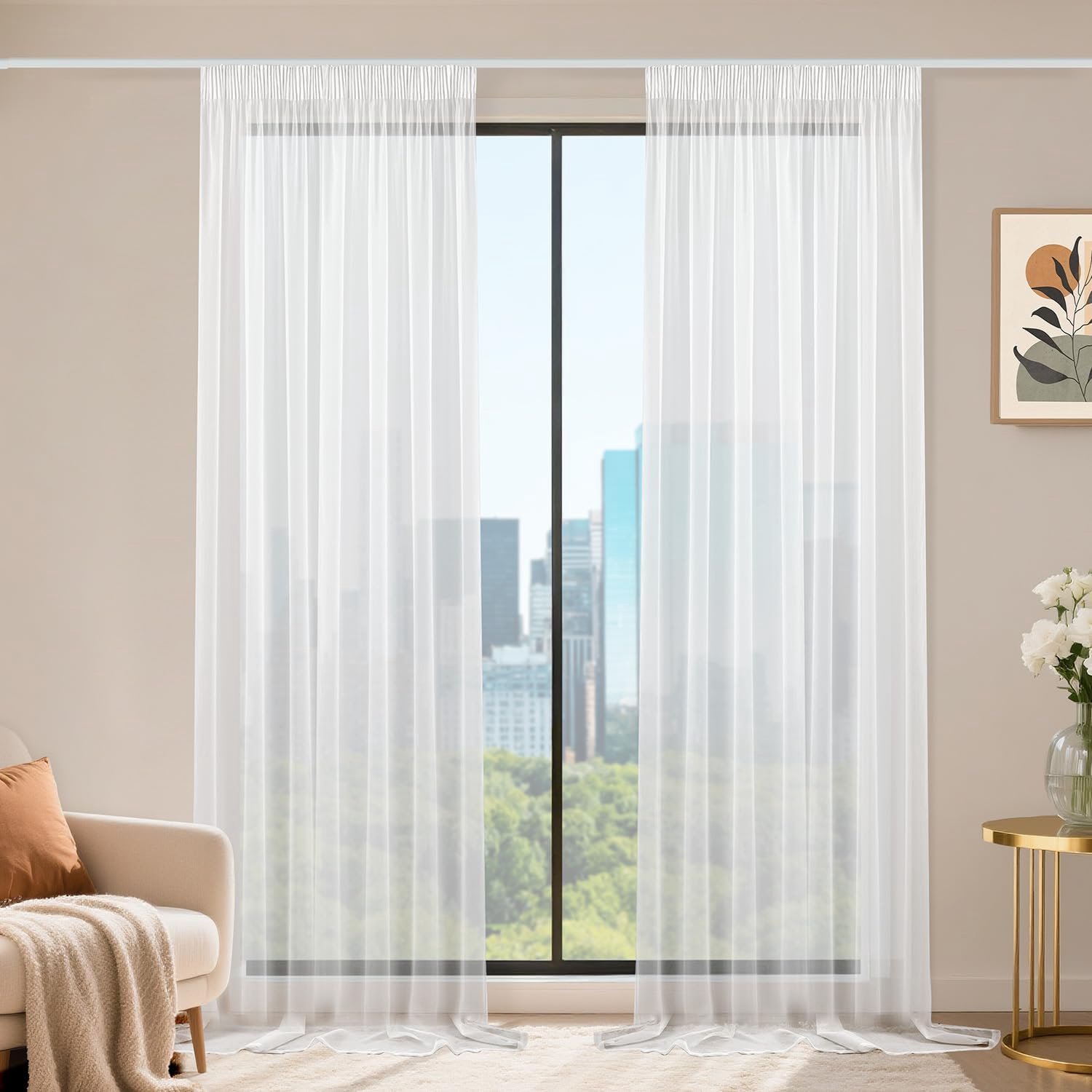 Gordijnen met plooiband, set van 2, voile schuifgordijnen, 260 x 140 cm (h x b), transparante gordijnen, gordijn wit, gordijnen voor woonkamer, slaapkamer