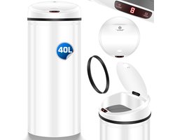 KESSER® Prullenbak - Prullenbak met sensor - Automatische Sensor Afvalemmer Infrarood Sensor - Vuilnisbak met Elektrische Deksel / Vingerafdrukvrij - STAINLESS STEEL Papierafvalemmer - 40 Liter, Wit