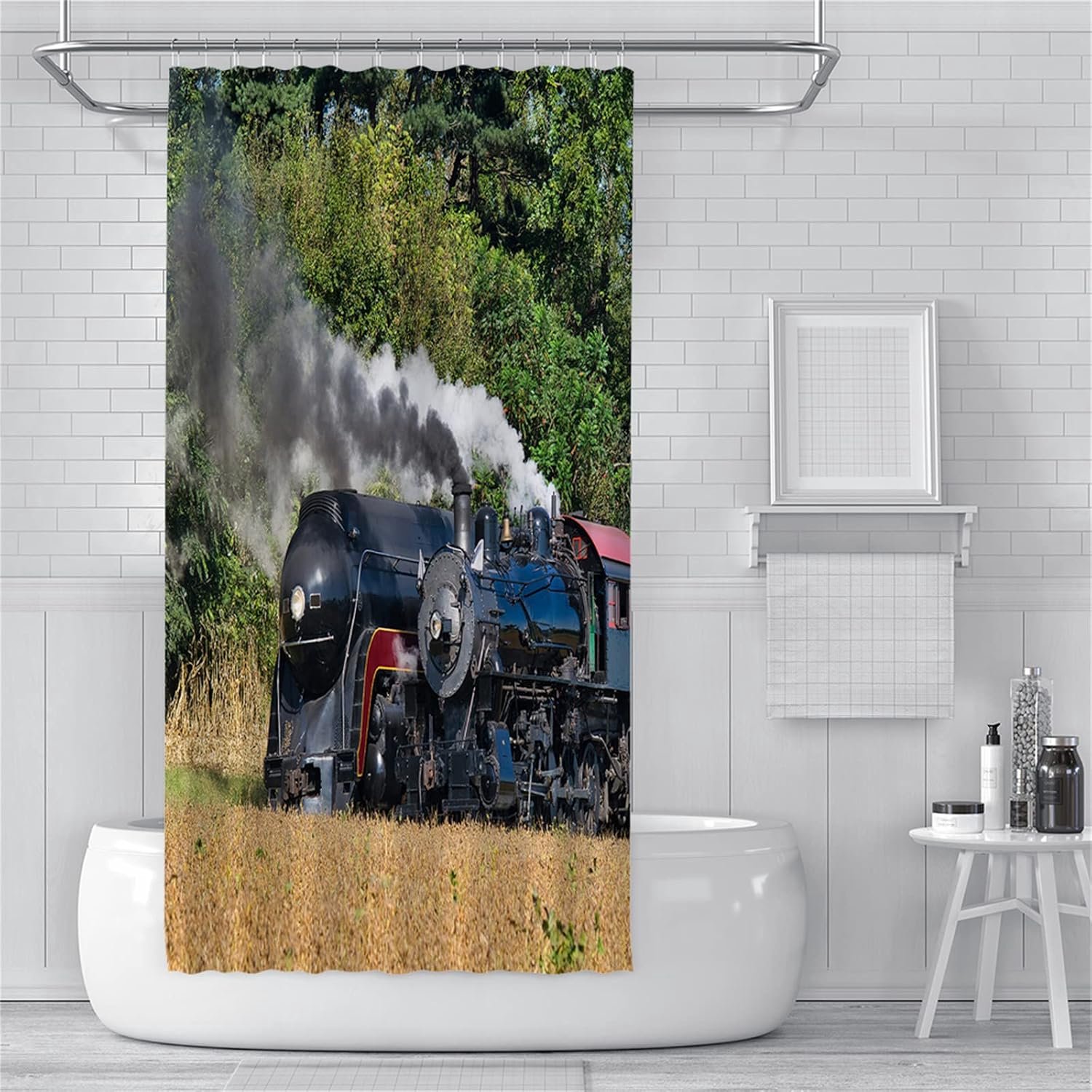 Douchegordijnen, schimmelbestendig, waterdicht, wasbare badkamergordijnen, gewogen badgordijnen met haken, 3D tuin buitendouche gordijn groene trein