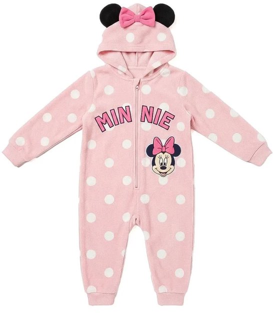 Roze onesie met witte stippen, capuchon met oortjes en strik, tekst MINNIE en Minnie Mouse-print.