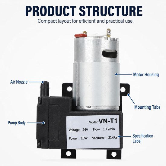 Vacuümpomp DC Mini, 12 V/24 V Micro DC vacuümpomp, industriële pomp met laag geluidsniveau, 10 l/min, stroomregelaar, 81 kpa luchtpomp van kunststof (Dc24v) — afbeelding 5
