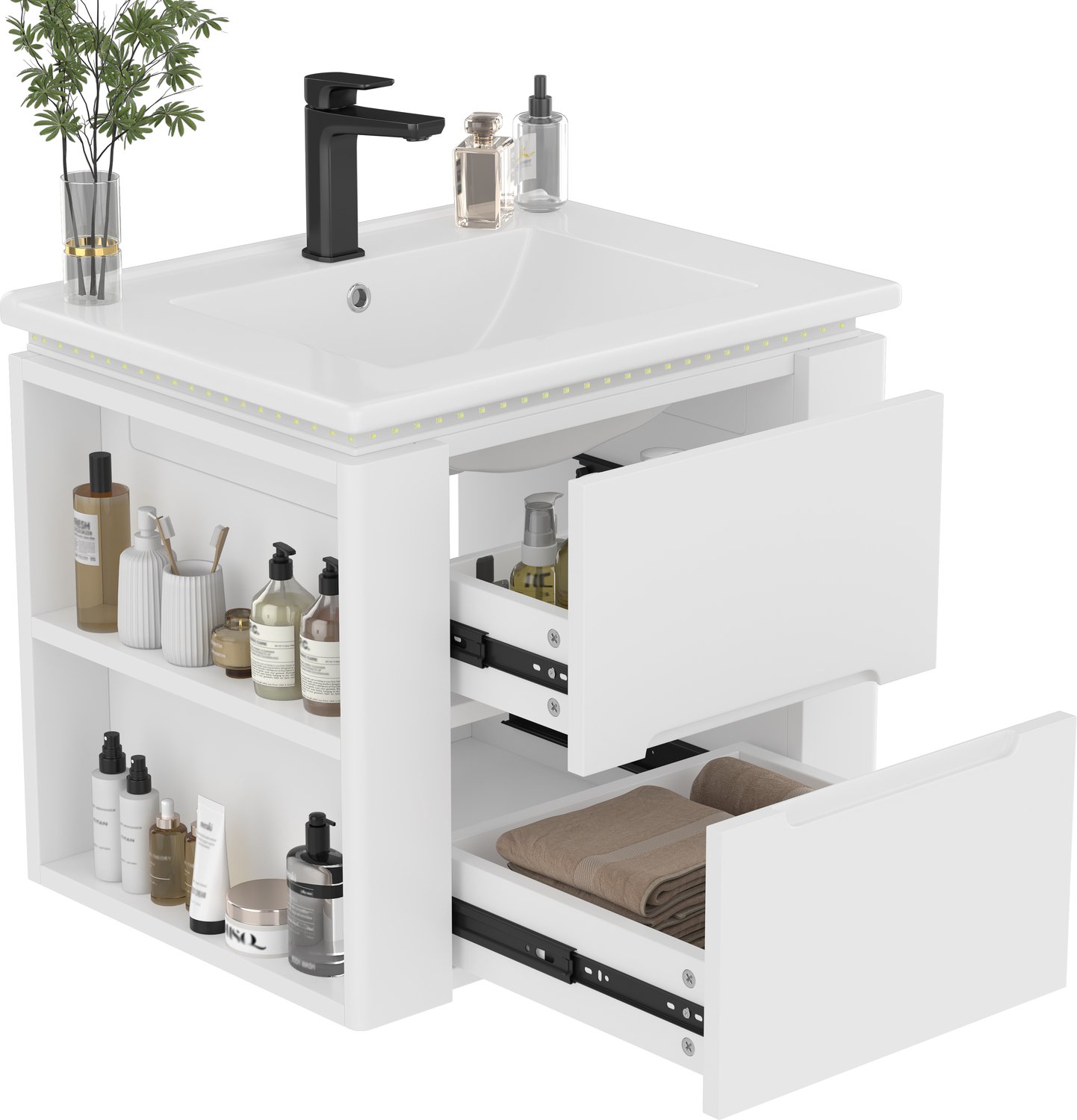 Wastafelkast 61 × 46 × 48,5 cm - Hangend Badkamermeubel Met 2 Laden, Zijplanken En LED-Radarsensorverlichting - Wit MDF Met Keramische Wastafel