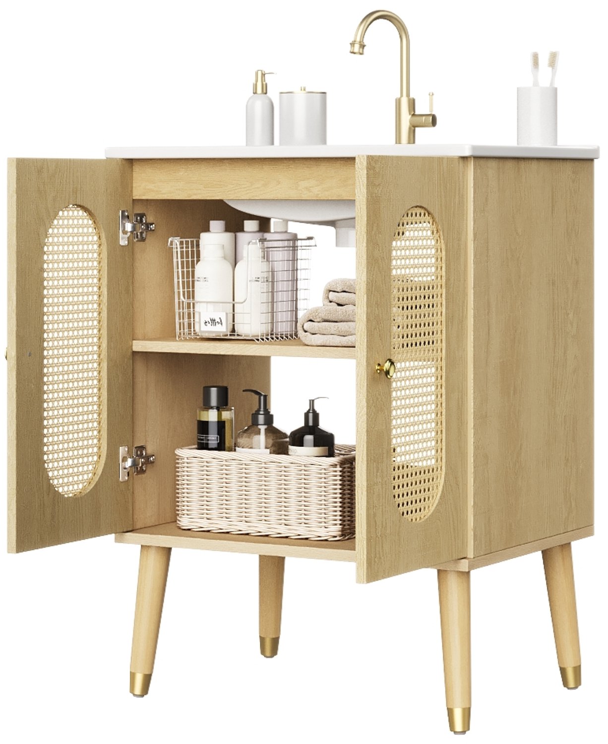 Wastafelmeubel 61 cm - Vrijstaand Badkamermeubel Met Keramische Wastafel, 2 Rotandeuren En Vaste Legplanken - Natuurlijke Houtlook Voor De Badkamer