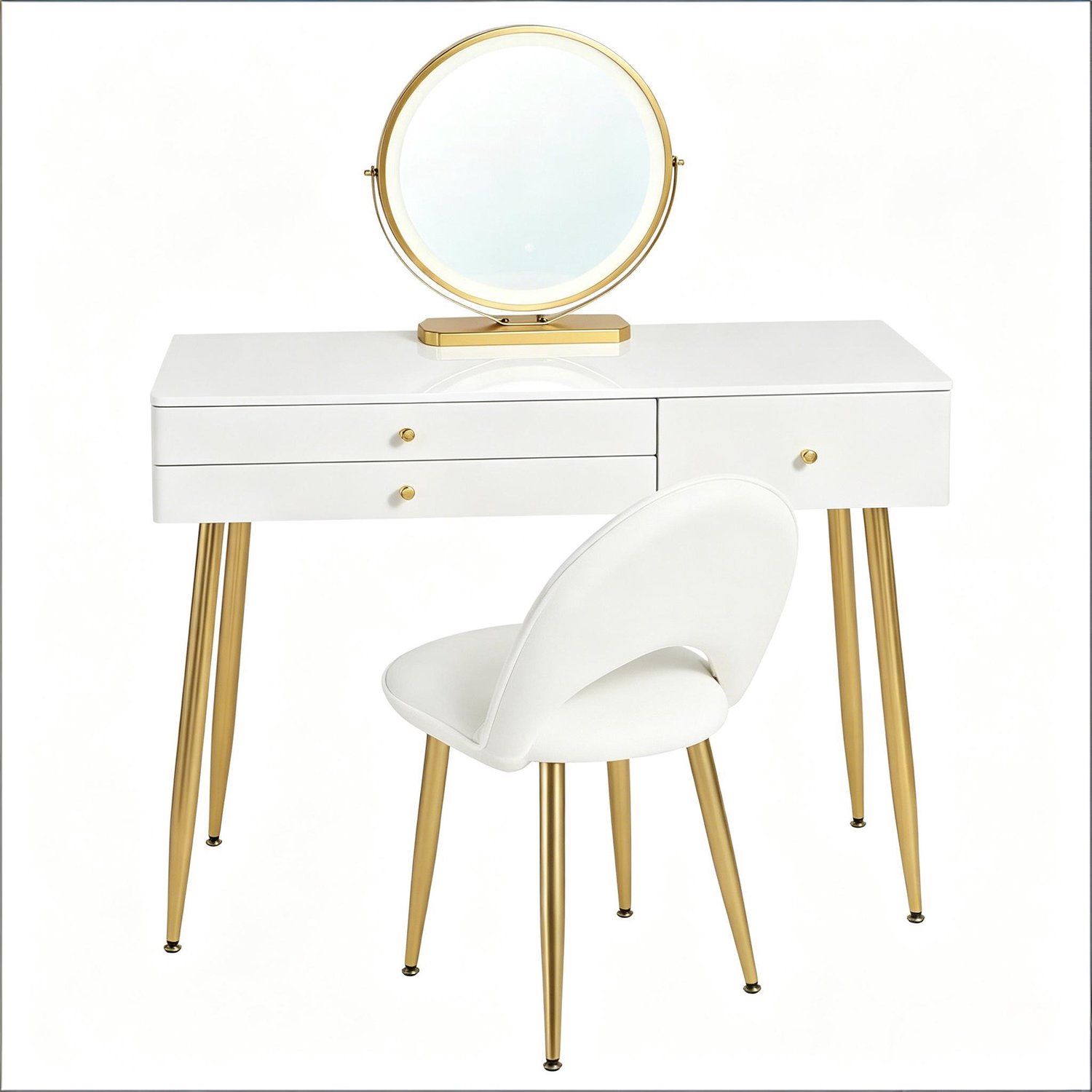 Kaptafel Met Ronde Ledspiegel En Kruk - Make-uptafel Met 3 Lades En Opbergruimte - Voor Slaapkamer Of Dressing - Wit Met Goud