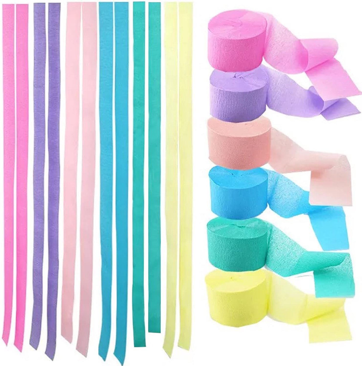 6 Rollen pastelkleurig crêpepapier, regenboogband, 4,5 cm x 25 m