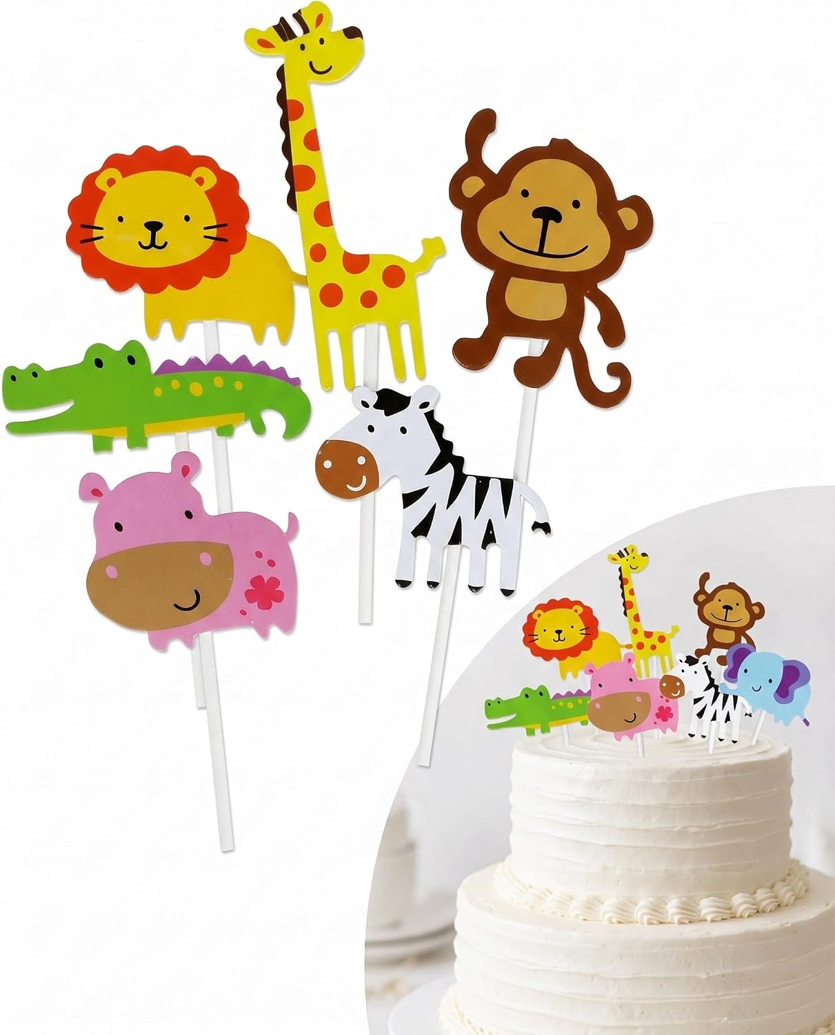 7-delige dieren taartdecoratie, jungle dieren verjaardagstaartdecoratie