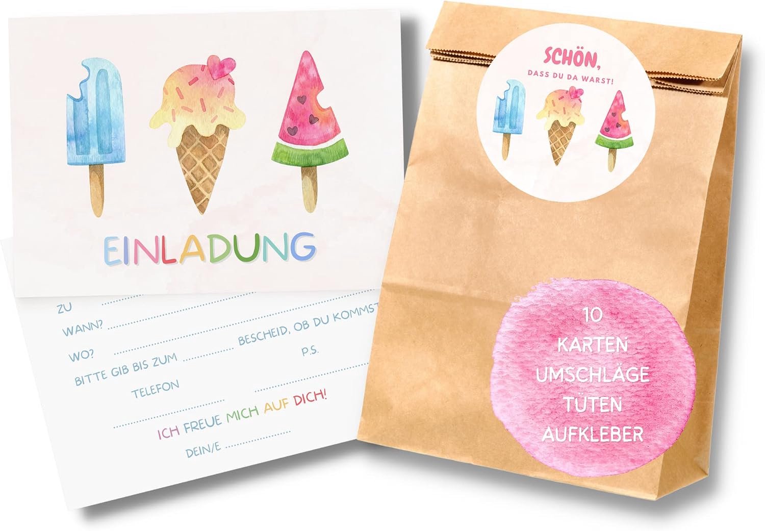 10-delige set ijs uitnodigingen en goodiebags - kinderfeest ijs