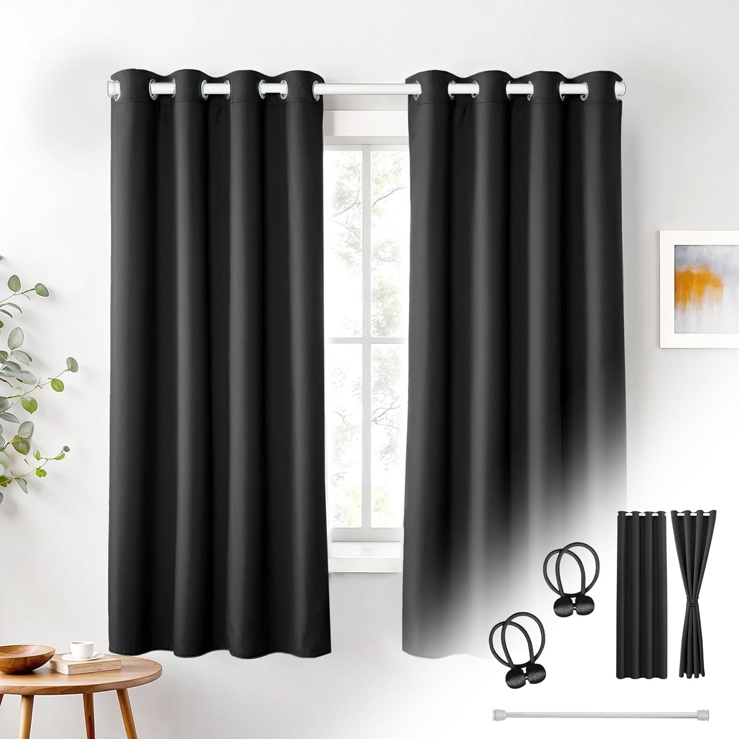 2x Gordijn + 1x Stang 70-120 cm + 2x Houder met Magneet, verduisterend, als scheidingswand, voor raam & deur, 160x135 cm