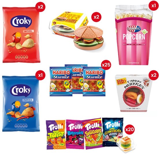 Overzicht van 53 snacks: Croky chips, Jimmy's popcorn, Haribo, Trolli en Look-O-Look snoep met aanduiding van aantallen.