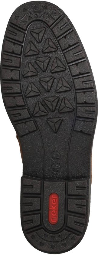 Zwarte profielzool van Rieker-schoen met geometrisch patroon, maat 42 en merkopdruk in rood.