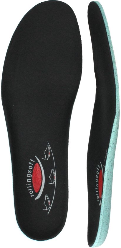 Zwarte inlegzolen met mintgroene zijkanten en rood 'rollingsoft' logo.