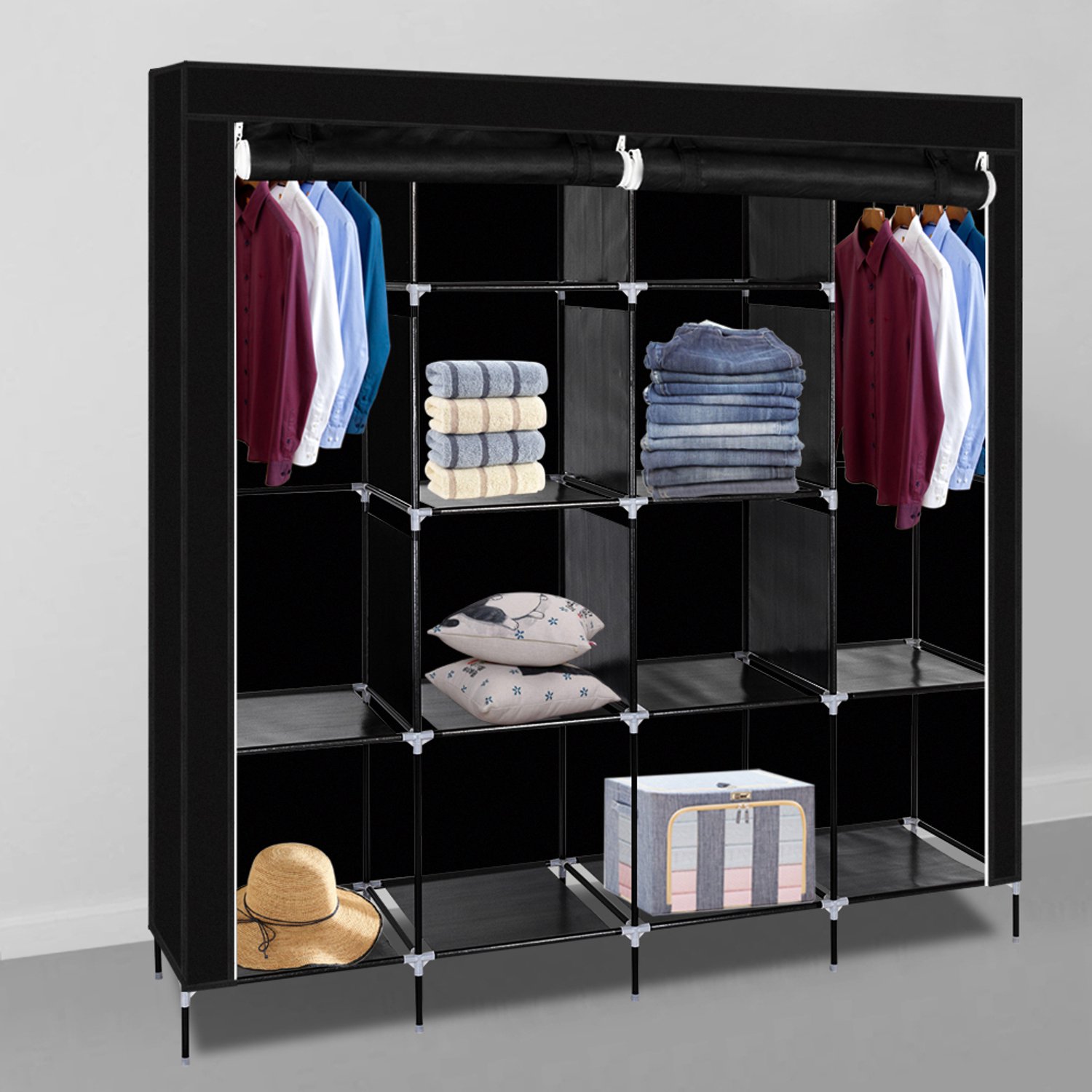 LEADZM Kledingkast - Zwart - 169,5 x 44 x 181,5 cm - met 2 kledingroedes en 4 zijzakken