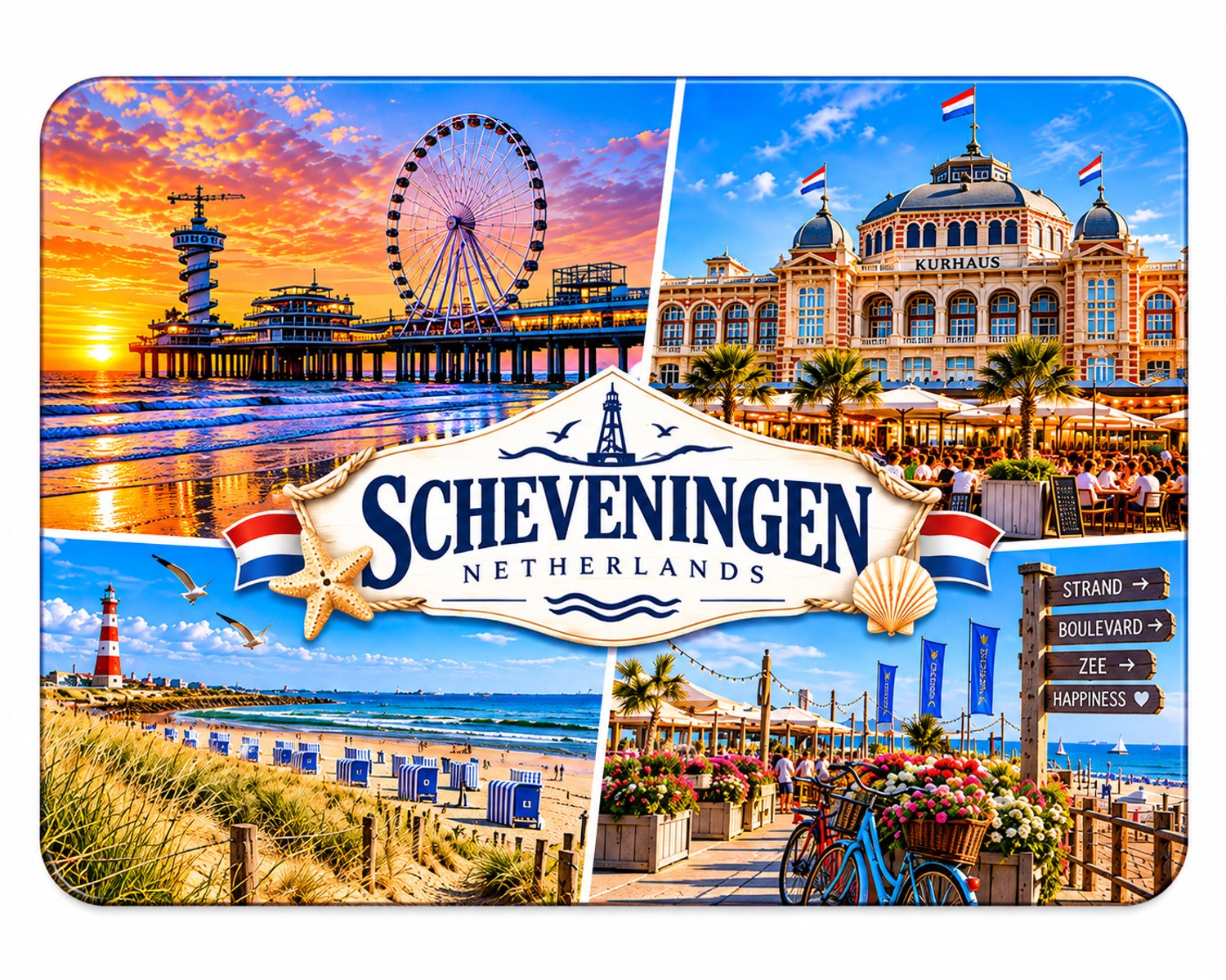 Koelkastmagneet MDF Scheveningen – Collage met strand, pier en Kurhaus – Souvenir – 9 x 7 cm