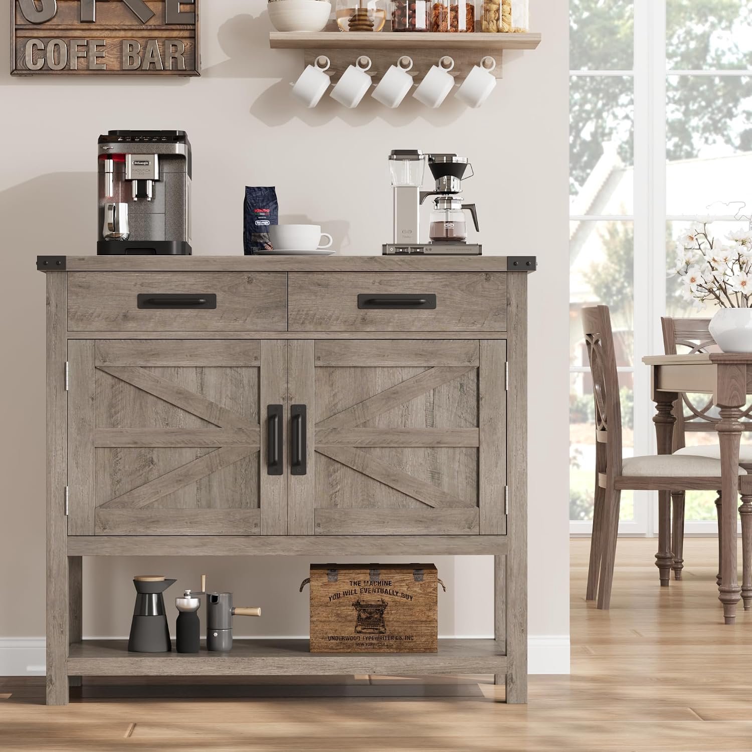 Landelijke console tafel 90×36×86 cm, grijs, 2 lades en dubbele deuren, sidetable voor hal en woonkamer