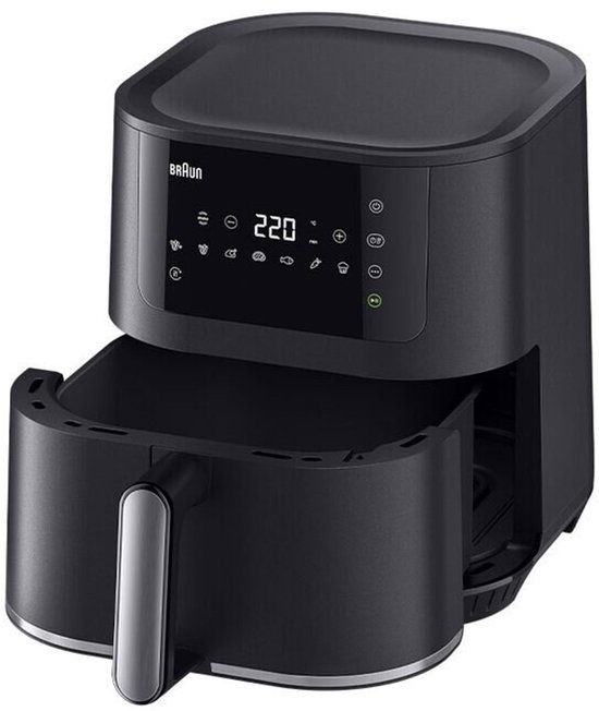 Zwarte Braun MultiFry 5 airfryer met open lade, digitaal scherm en zilveren accenten.