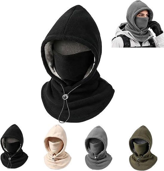 Selectie van zwarte, beige, grijze en legergroene fleece bivakmutsen met capuchon en trekkoord.