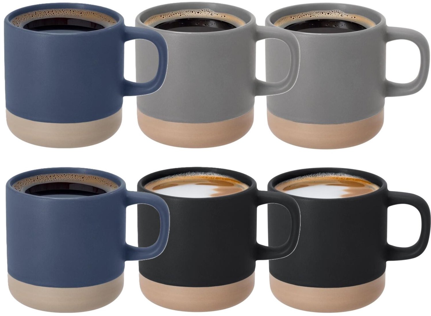 Bellatio Design Koffiekopjes Eliza - 6x stuks - mix kleuren - 350 ml - mokken - keramiek - bekers - zwart - grijs - blauw