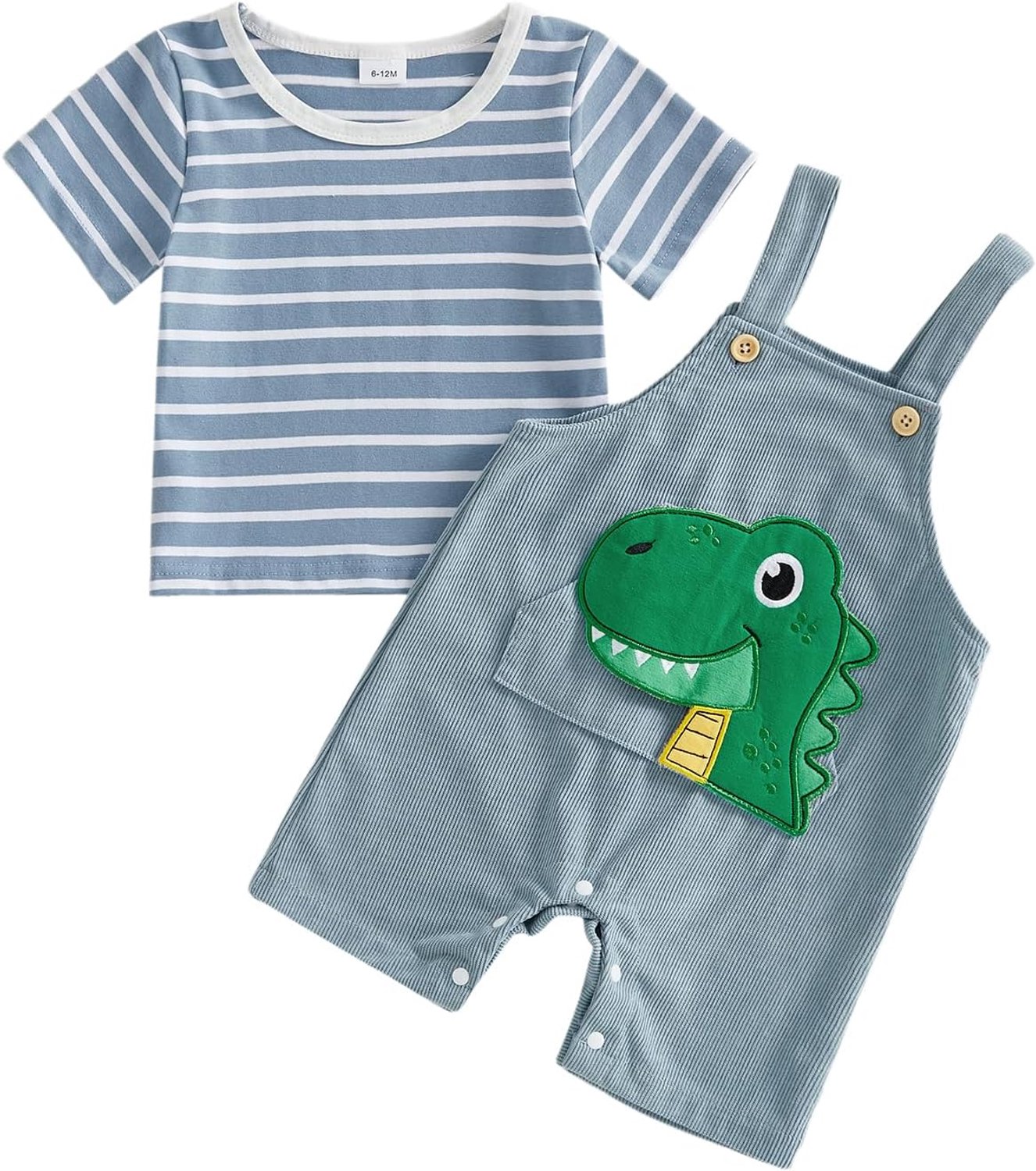 2-delig set voor baby's: gestreept shirt met korte/lange mouwen en broek met dinosaurusprint