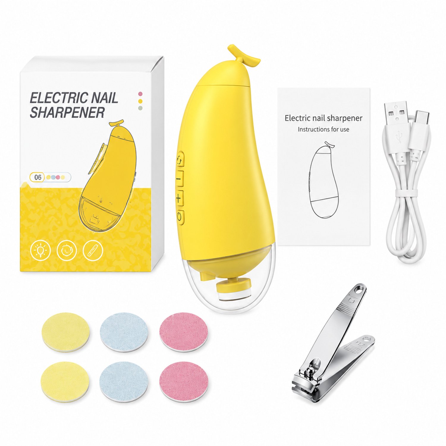 Elektrische nagelknipper - geel 06 - met nachtlampje en vervangbare slijpstickers - inclusief nagelknipper - Engelstalige verpakking