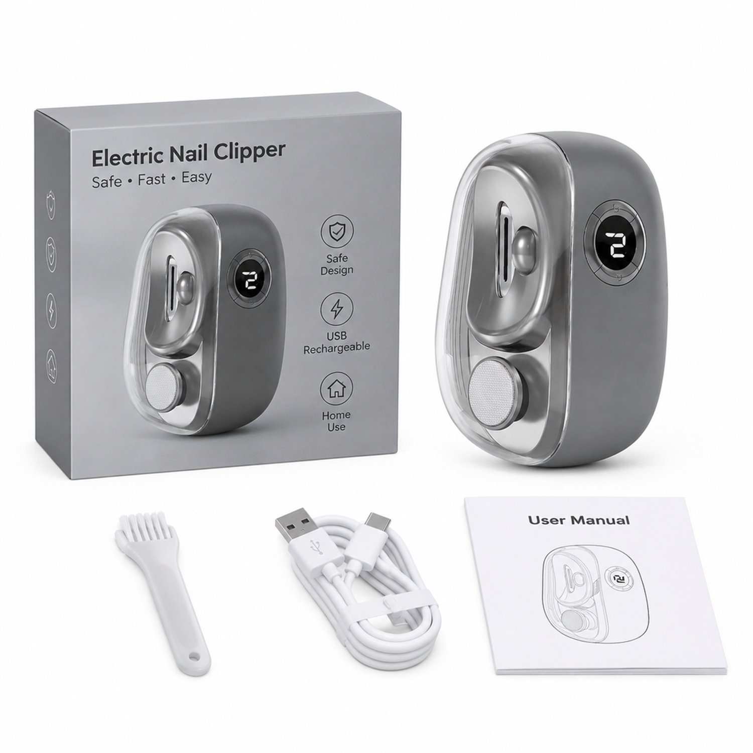 Elektrische nagelknipper - USB-oplaadbaar - voor dagelijks thuisgebruik - grijs met Engelstalige verpakking