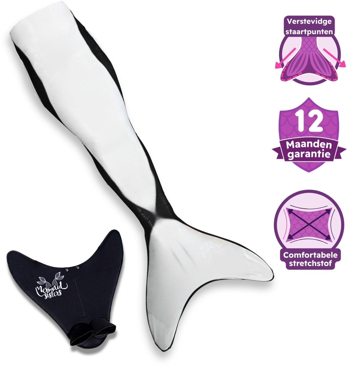 Mermaid Sisters Orca - Zeemeermin Staart met Monovin voor Meisjes - Zwart/Wit - Maat 104-122