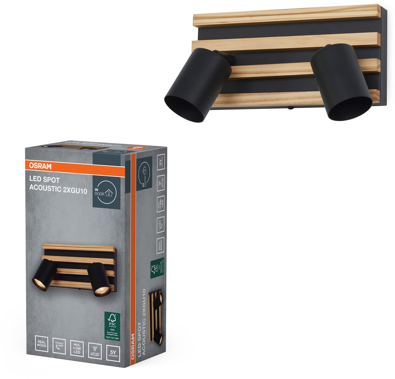 OSRAM zwart/houtdecor, staal en grenenhout, 220-240 V, GU10, klemverbinding, 3-polig (L, N, PE), IP20