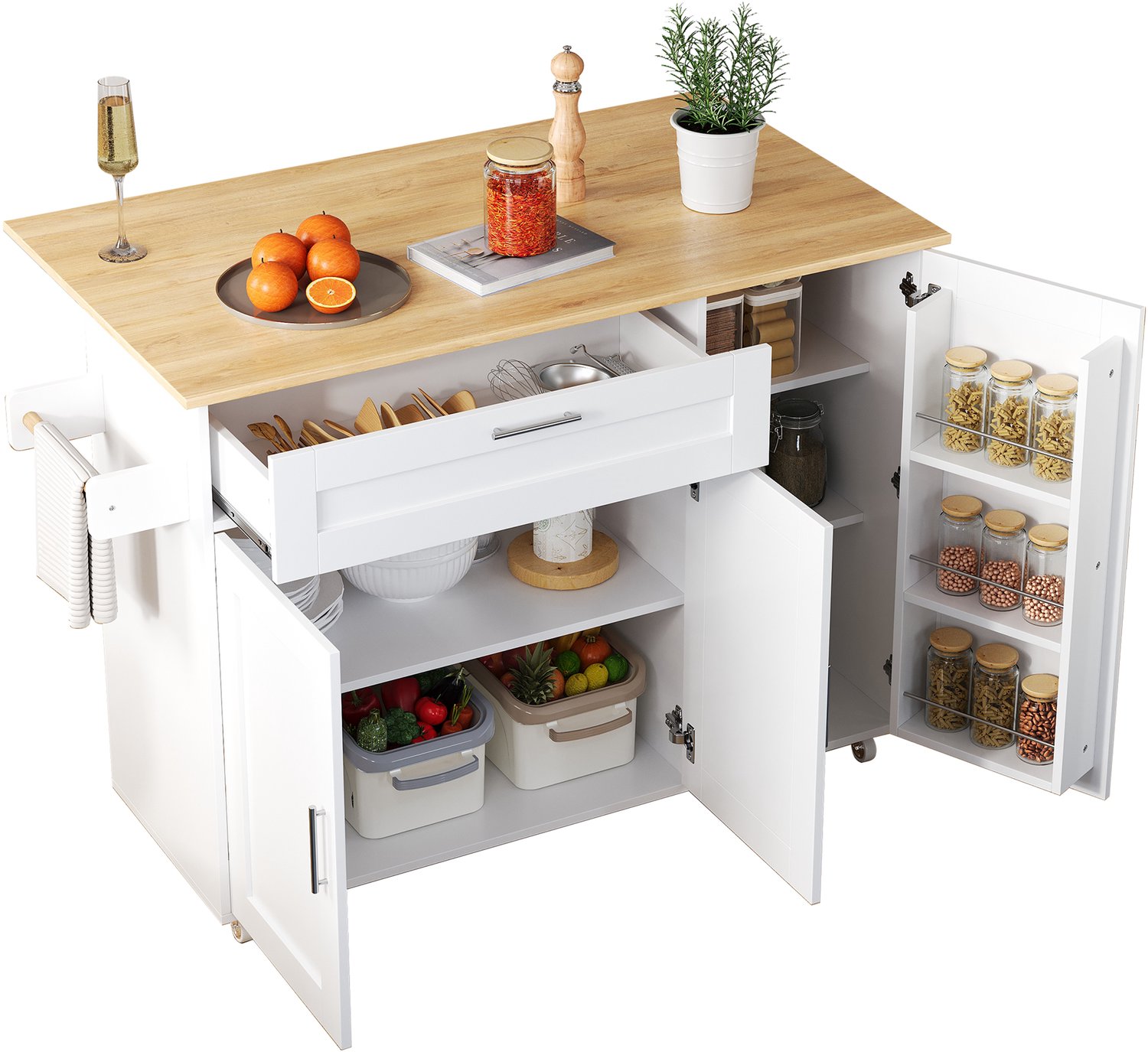 Keukentrolley met opklapbaar werkblad - Mobiele keukenkast op vijf wielen - Opbergruimte met lades en kruidenrek - Keuken en eetkamer - Eikenlook