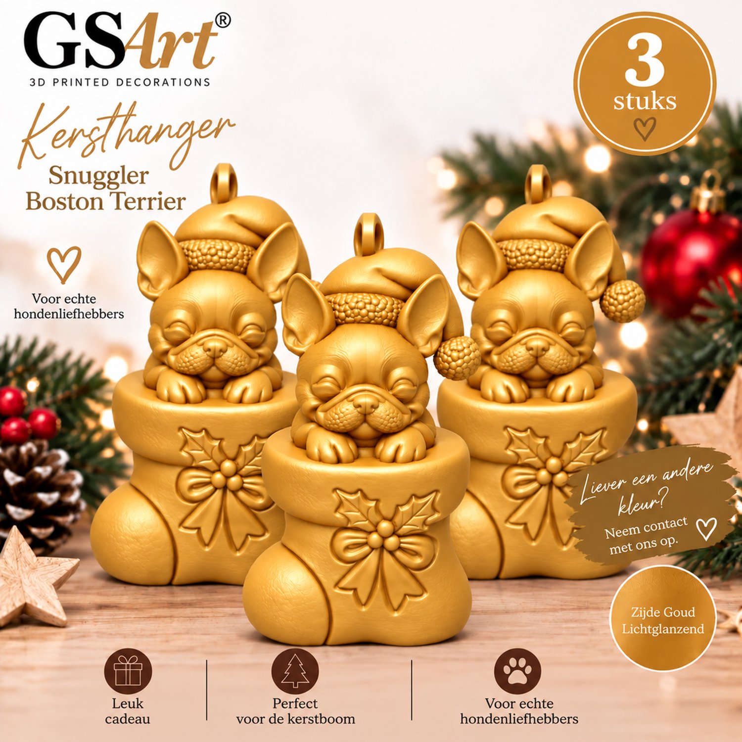 GSArt Kersthanger Hond Snuggler Boston Terrier 3 Stuks – 3D Geprinte Kerstboom Hangers – Zijde Goud