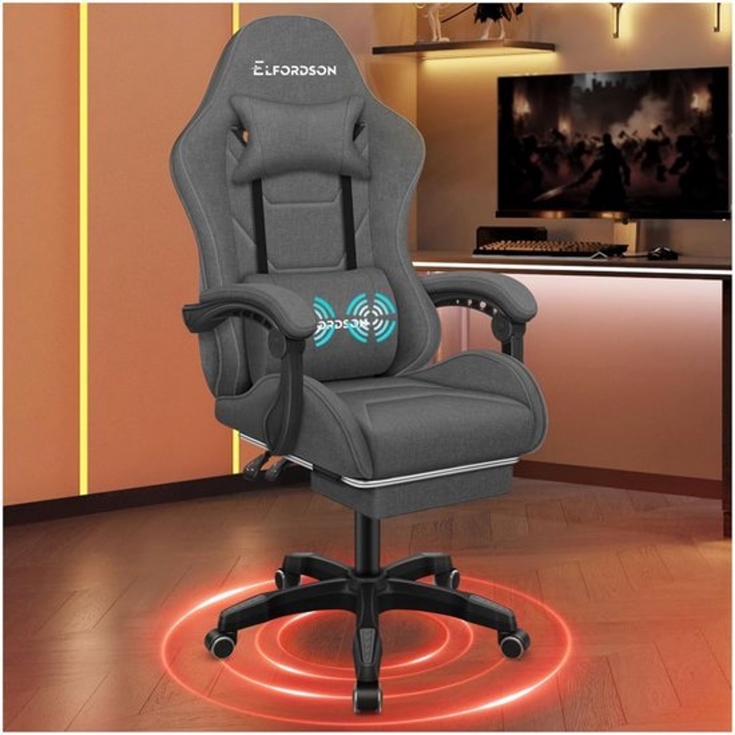 Ergonomische gamingstoel - Met massagefunctie - Verstelbare rugleuning - Donkergrijs